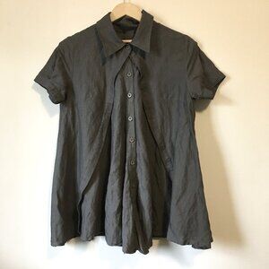 Nuage Linen Sesame Baggy A-Line Short Sleeve Button Up Top